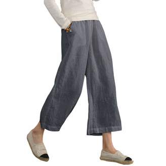 Ecupper Womens Loose Cotton Capris Plus Size Casual Elastic Waist Trouser Cropped Wide Leg Pants M