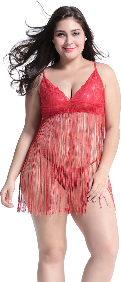 Anyou Womens Babydoll V Neck Red Lace Sexy Sleepwear with G-string M