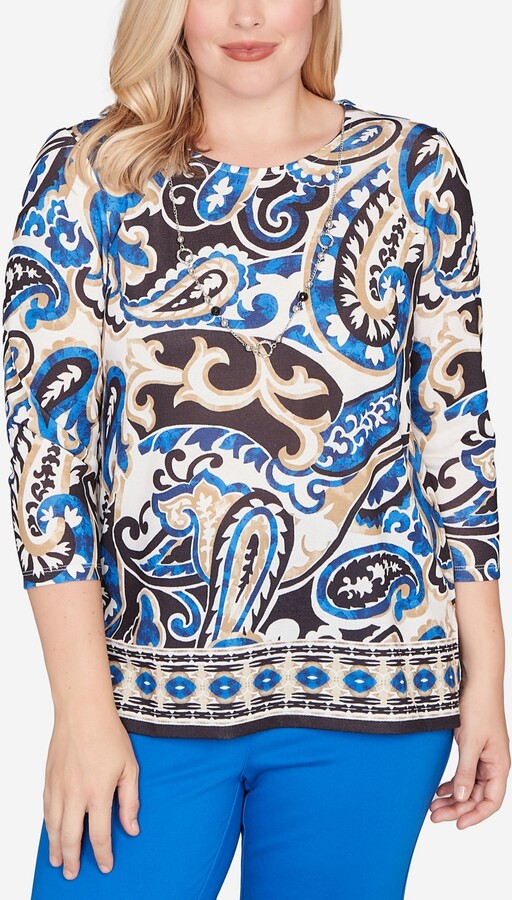 Alfred Dunner Petite Barcelona Paisley Knit Top With Necklace