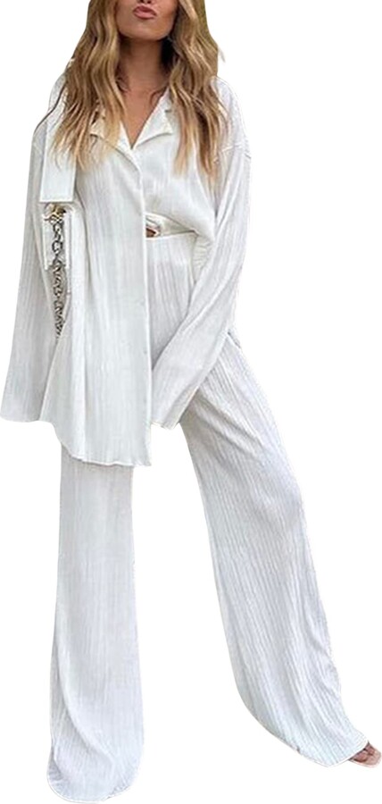 APAFES Womens Casual Pleated 2 Piece Linen Outfits Loose Button Down Shirts  Tops Palazzo Pants Set Jumpsuit(0477-02White-M) - ShopStyle Jumpsuits &  Rompers