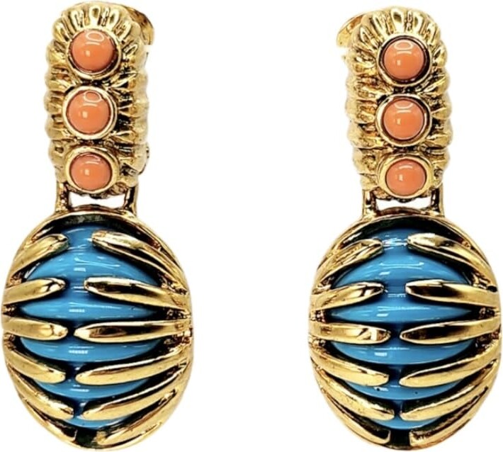 Kenneth Jay Lane Antique Gold Vintage-Inspired Coral and Turquoise Drop Clip-On Earring