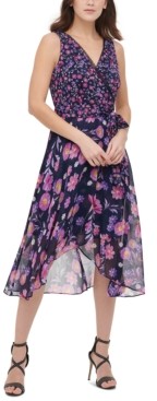 floral ruched chiffon faux wrap dress