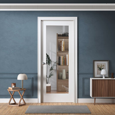 Door Harbor Interior Door Slab Only (Not Prehung) 1-Lite Clear Glass Design White Primed Solid Core Available Pre-Drilled (Left Or Right Door Handing) For Swi