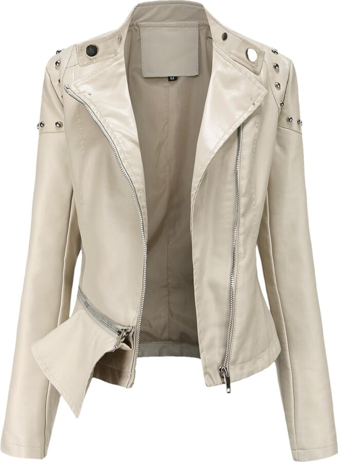 Hdhdeueh Womens Faux Fur Coat Rivets Leather Jacket Stand Collar Solid