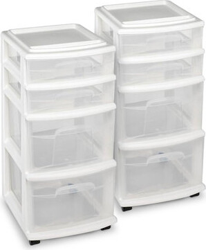 Homz Clear Plastic 4 Drawer Medium Storage Container Tower White Frame (2 Pack)