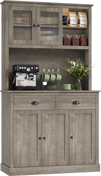 coucheta TallKitchenPantryCabinetwithDoorsShelves&DrawerFarmhouseHutchwithMicrowaveStandandAnti-TippingDeviceforDiningRoom