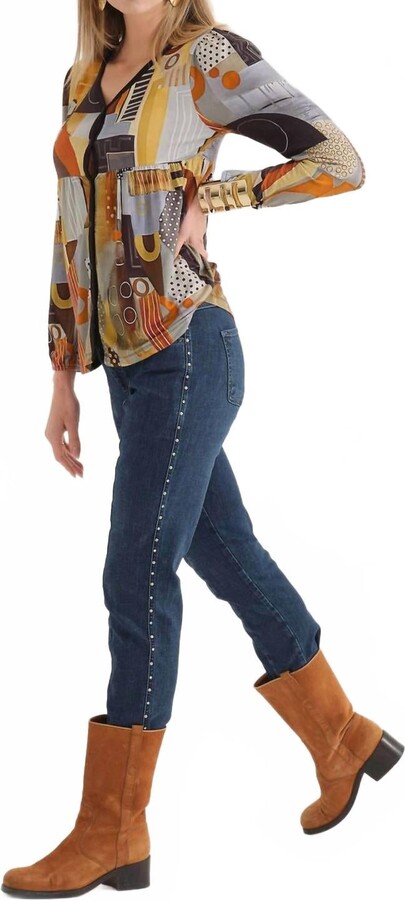 DOLCEZZA Mixed Print Long Sleeve Blouse In Brown Multi