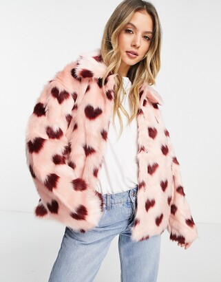Monki Heart Faux Fur Jacket In Pink - Shopstyle