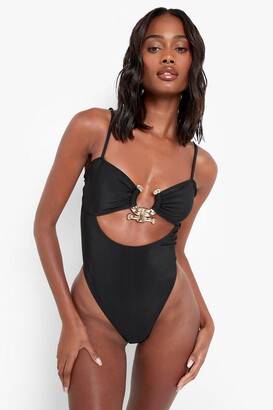 boohoo Gold Trim Cut Out Strappy Swimsuit - ShopStyle