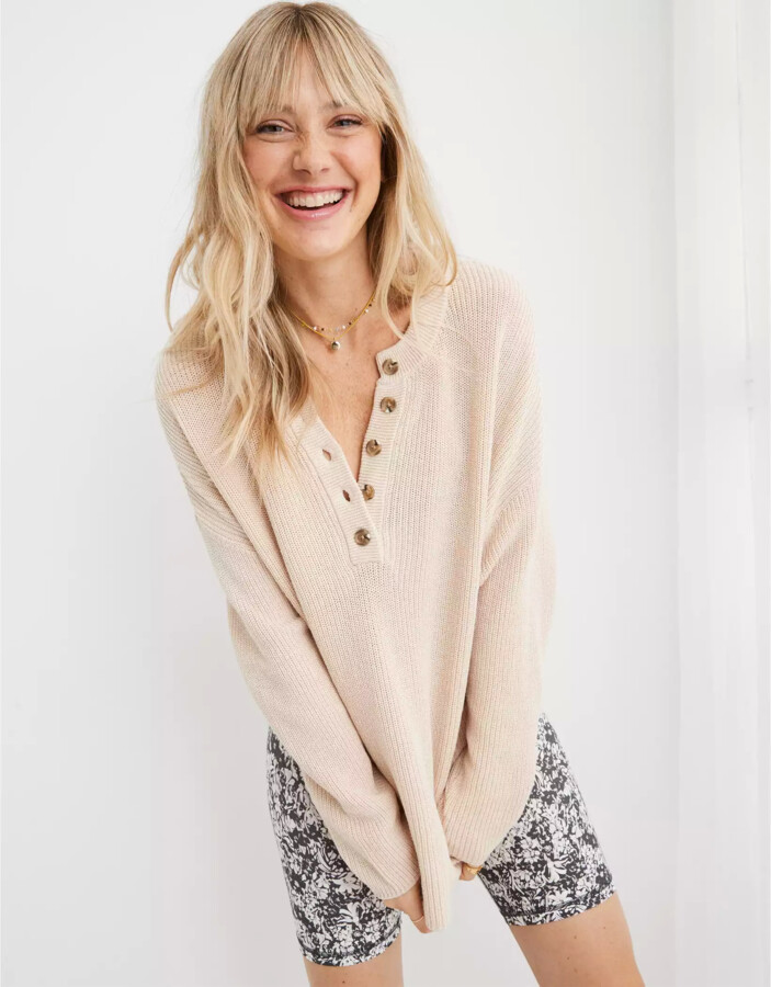 aerie Oversized Henley Sweater ShopStyle