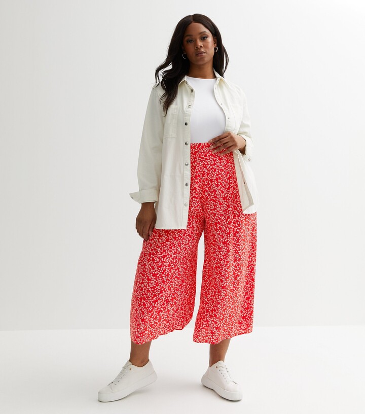 New Look Curves Red Ditsy Floral Wide Leg Crop Trousers - ShopStyle