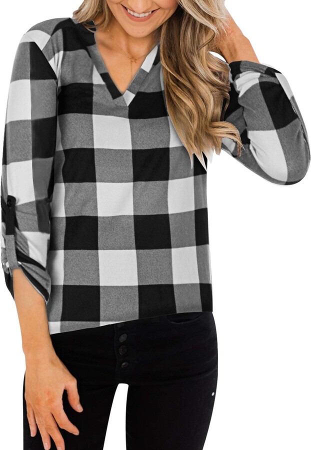Moyabo Womens Long Sleeve Flannel Plaid Shirt Casual Henley Button Down Blouses Tops