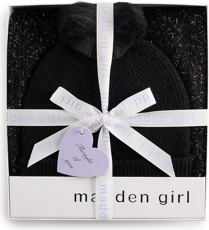 Girls madden girl 2-Piece Tinsel Weave Oblong Scarf & Pom Pom Beanie Set