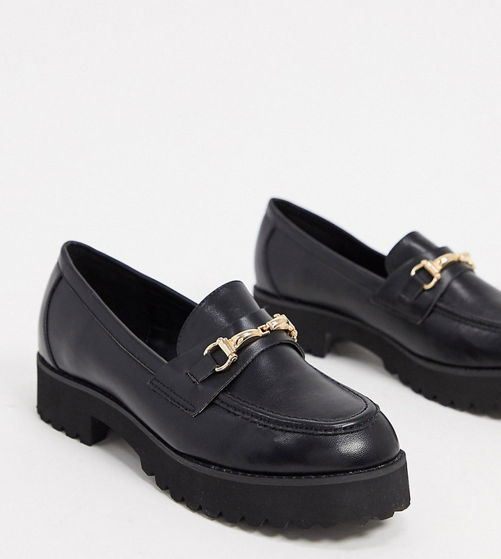 Raid Wide Fit Empire chunky loafers in black with gold snaffle - ShopStyle