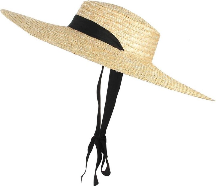 TAHUAON Women Ladies Vintage Wide Brim Boater Straw Hat Elegant Flat