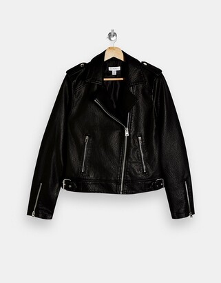 Topshop Petite faux leather biker jacket in black