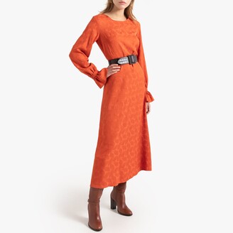 La Redoute Collections Leaf Embroidered Midaxi Dress with Ruffled Long Sleeves