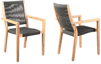 Armen Living Madsen Set Of 2 Outdoor Eucalyptus Wood And Charcoal Rope Dining Chairs With Teak Finish