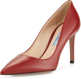 Prada Leather Pointed-Toe 85mm Pump, Red (Cotto)