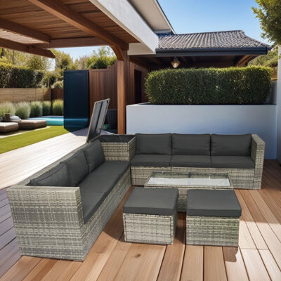 Latitude Run 8 Piece Patio Sectional Wicker Rattan Outdoor Furniture Sofa Set With One Storage Box Under Seat And Cushion Box Wicker + Cushion + Clear Glass Top