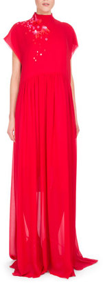 DELPOZO Bead-Embroidered Mock-Neck Georgette Gown, Red