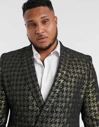 ASOS DESIGN Plus skinny double breasted blazer with houndstooth in gold