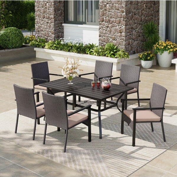 Captiva Designs CaptivaDesigns7pcPatioDiningSlat-topRectangleSteelTable&HaitiRattanChairswithBeigeCushions