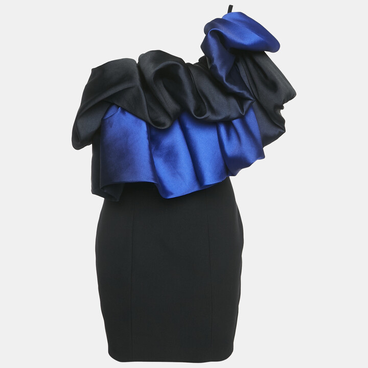 SOLACE London Black Crepe Ruffled One-Shoulder Mini Dress S