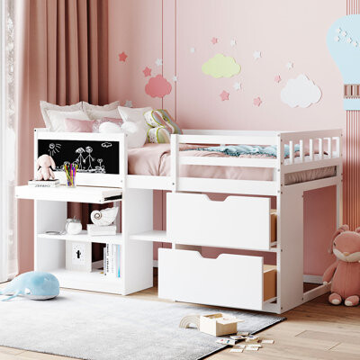 Harriet Bee Maja Kids Twin Low Loft Bed with Storage Drawers, Shelves and Blackboard
