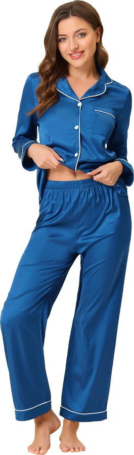 Unique Bargains Women’s Pajama Loungewear Long Sleeves Tops and Pants Satin Sleepwear Sets