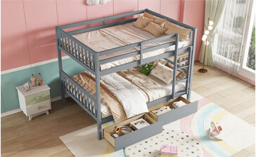 One Allium Way Full Over Full Rubber Wood Bunk Bed With 2 Drawers, Convertible Into 2 Full Beds, Full Size Bunk Bed With Ladder And Safety Guardrails ,Grey
