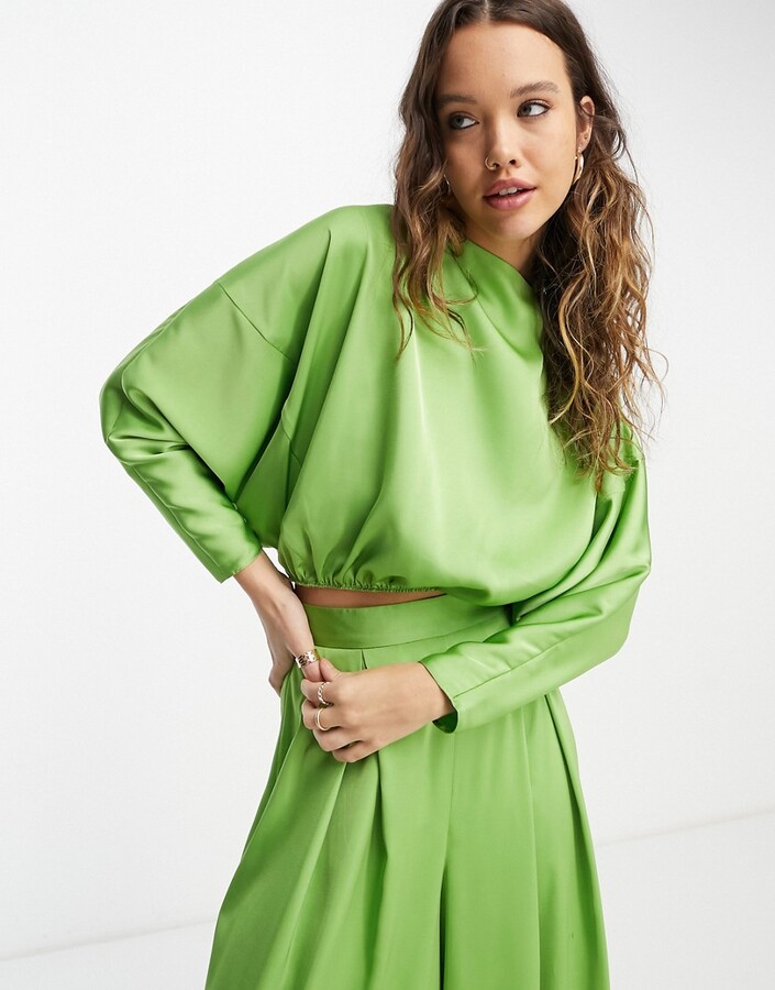 ASOS DESIGN satin long sleeve batwing blouse co-ord in green