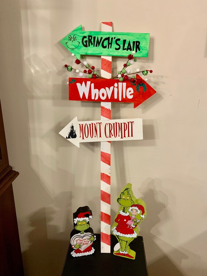The Grinch Dr.Seuss inspired grinch wooden directional sign- grinch’s lair, whoville, and mt.crumpit with candy cane post
