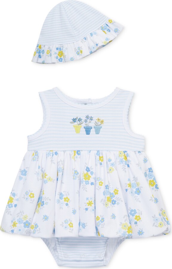 Little Me Baby Girls Cotton Garden Popover Bodysuit & Hat, 2 Piece Set - White/Blue