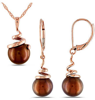 Concerto 8-8.5MM Brown Round Cultured Freshwater Pearl and 14K Rose Gold Earrings and Necklace Set