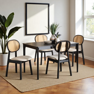 George Oliver Casey 5-Piece Mid-Century Modern Dining Set in Cream Fabric and Black Finished Wood