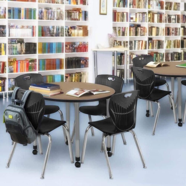 Regency Kee 36 in. Round Noble Oak Mobile Adjustable Classroom Table Desk with Grey Base and 4 Andy 18 in. Black Stack Chairs