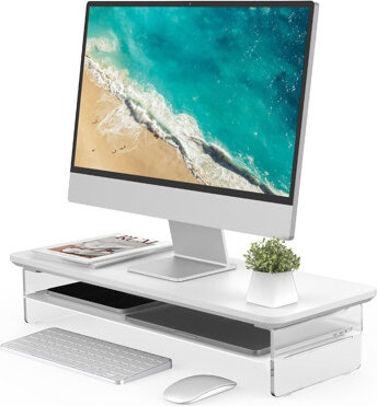 Latitude Run Acrylic Monitor Stand Riser, 23.6 Inches Acrylic Clear Monitor Stand with Metal Storage, 2 Tier Acrylic Computer Riser for Desk, Clear Laptop Stand fo