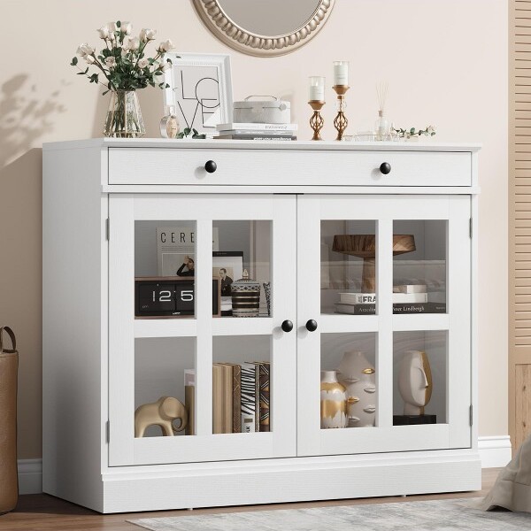 CuisinSmart KitchenStorageCabinet2GlassDoorBuffetSideboardwithaLargeStorageDrawerwithAdjustableShelfforDiningRoomKitchenEntryway