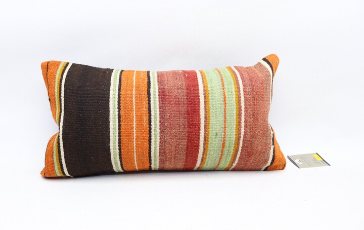 Turkish Kilim Pillow, Organic Wool Handmade Corner Striped Pillow Cover, Boho Decor Inches Cover 0264