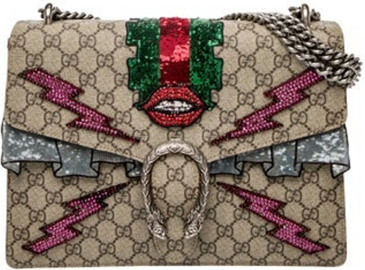 Gucci Shoulder Bag Neutrals GG Supreme Web Accent & Dionysus Accent Silver-Tone Hardware Suede Trim Chain-Link Shoulder Strap Embroidered Sequin Crystal & Chain-Link Accents Suede Lining & Single Interior Pocket Push-Lock Closure at Front