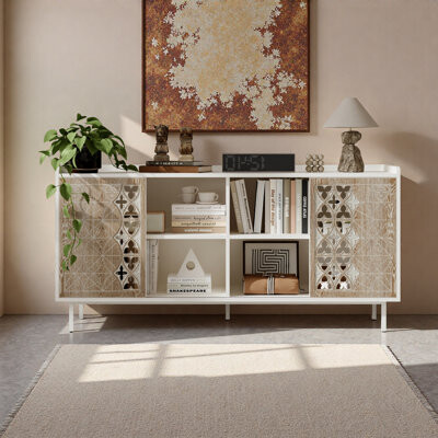 Sicotas Mid Century Sideboard With Sliding Doors, Rustic Solid Wood Tv Stand Cabinet With Distressed Finish, Storage Buffet For Living Room, 245lb Cap