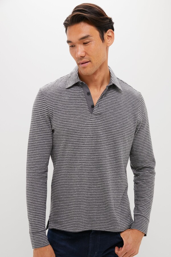 Faherty Charcoal Grey Stripe Sunwashed Long Sleeve Polo