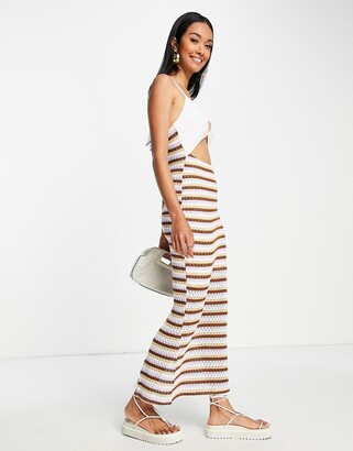 ASOS DESIGN crochet strappy midi dress with cut out in brown stripe