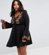 Thumbnail for your product : Club L Plus V Plunge Embroidered Skater Dress With Red Floral Trims & Long Sleeve.