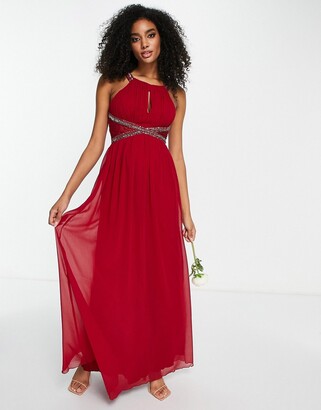 Little Mistress Bridesmaid lace insert maxi dress with keyhole in red