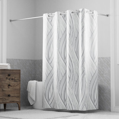 Hookless Faux Silk Shower Curtain with Flex-on Rings and It's a Snap! Fabric Liner with Magnets, 71 In Wide x 74 In Long, Stripe Print