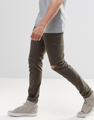 ASOS Skinny Cotton Pants With Knee Rip In Dark Khaki
