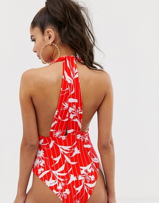 ASOS DESIGN fuller bust plunge swimsuit flamenco floral stripe print dd-g