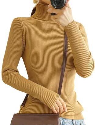 Wkd Thvb wkd-thvb Women's Sweaters Autumn Winter Turtleneck Long Sleeve Knitted Jumper Slim Elasticity Pullover Sweater Light Apricot S